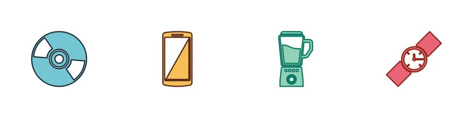 Set CD or DVD disk, Smartphone, mobile phone, Blender and Wrist watch icon Stock Illustration