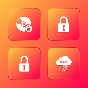 Set CD or DVD disk with lock, Lock, Open padlock and Cloud api interface icon Stock Illustration