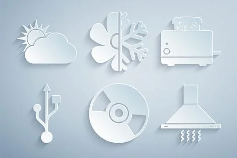 Set CD or DVD disk, Toaster with toasts, USB, Kitchen extractor fan, Air Illustrazione stock