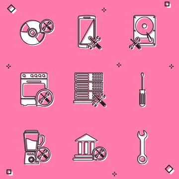 Set CD or DVD disk service, Smartphone, Hard drive, Oven, Database server イラスト素材