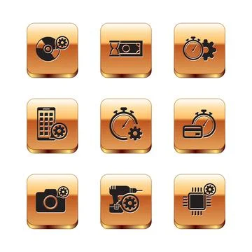 Set CD or DVD disk setting, Photo camera, Drill machine, Time management, Mobile Stock Illustration