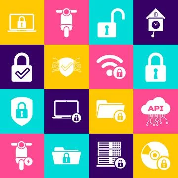 Set CD or DVD disk with lock, Cloud api interface, Lock, Open padlock, Cyber Stock Illustration