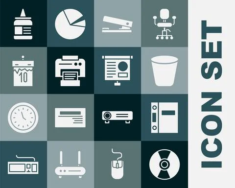 Set CD or DVD disk, Office folders, Trash can, stapler, Printer, Calendar, Glue Stock-Illustration