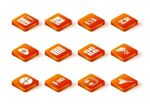 Set CD or DVD disk, Stereo speaker, Music streaming service, Drum machine 库存插图