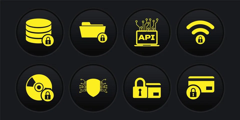 Set CD or DVD disk with lock, Wifi locked, Cyber security, Credit card, Computer Stockillustratie