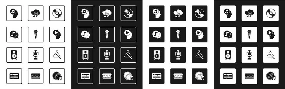 Set CD or DVD disk, Microphone, Musical note in speech bubble, human head, Head イラスト素材