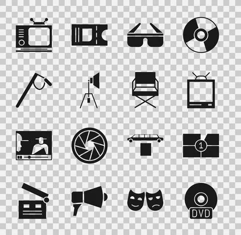 Set CD or DVD disk, Old film movie countdown frame, Retro tv, 3D cinema glasses Stock-Illustration