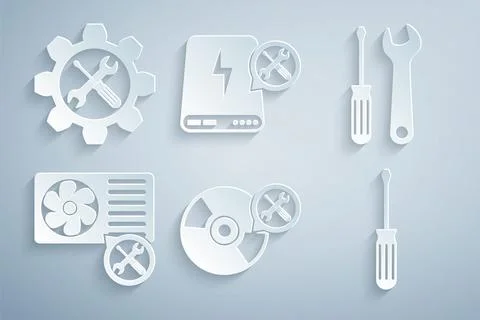 Set CD or DVD disk service, Screwdriver and wrench, Air conditioner, Power bank Illustrazione stock