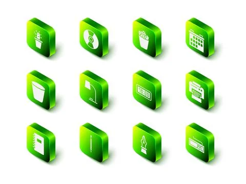 Set CD or DVD disk, Full trash can, Calendar, Printer, Keyboard, Digital alarm Stock Illustration