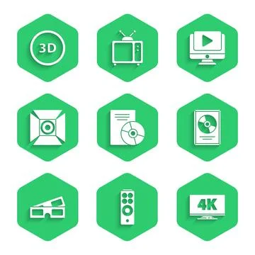 Set CD or DVD disk, Remote control, Screen tv with 4k, award in frame, 3D cinema Illustrazione stock