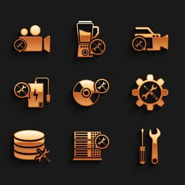 Set CD or DVD disk service, Database server, Screwdriver and wrench, Wrench Stock Illustration