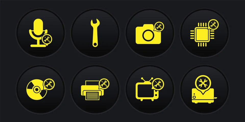 Set CD or DVD disk service, Processor, Printer, Tv, Photo camera, Wrench 스톡 일러스트