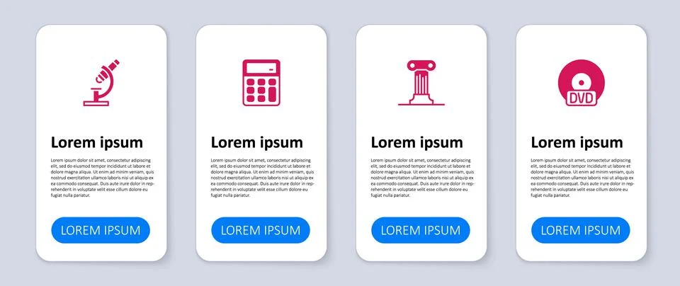 Set CD or DVD disk, Law pillar, Calculator and Microscope. Business infographic Illustrazione stock