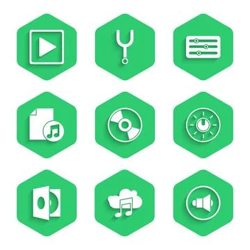 Set CD or DVD disk, Music streaming service, Speaker volume, Dial knob level Stock Illustration