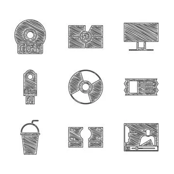 Set CD or DVD disk, Stacks paper money cash, Online play video, Cinema ticket Illustrazione stock