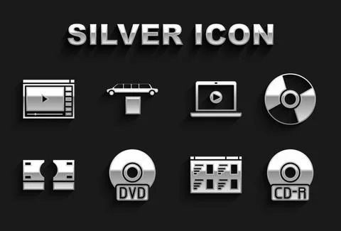 Set CD or DVD disk, Online play video, Stacks paper money cash, and Limousine Stock Illustration
