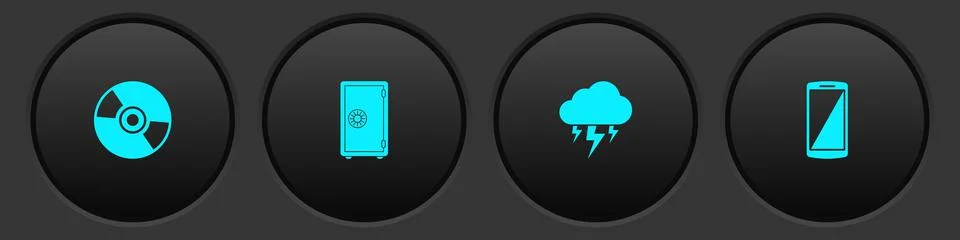 Set CD or DVD disk, Safe, Storm and Smartphone, mobile phone icon. Vector Stock Illustration