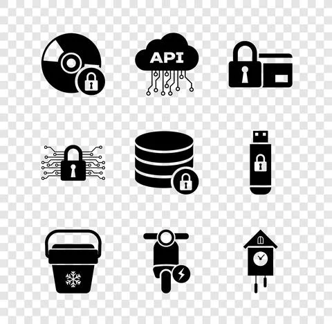 Set CD or DVD disk with lock, Cloud api interface, Credit card, Cooler bag Stock Illustration