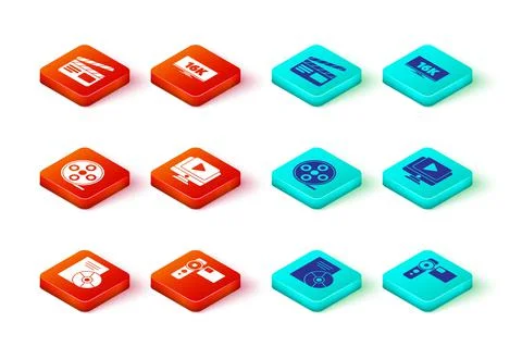 Set CD or DVD disk, Cinema camera, Film reel, Online play video, Screen tv with Stock Illustration