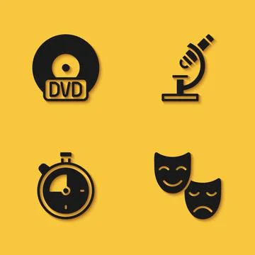 Set CD or DVD disk, Comedy and tragedy masks, Stopwatch and Microscope icon w Illustrazione stock