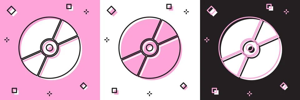 Set CD or DVD disk icon isolated on pink and white, black background. Compact Stock-Illustration