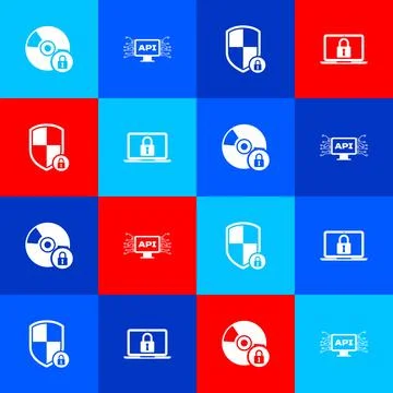 Set CD or DVD disk with lock, Computer api interface, Shield security and Laptop イラスト素材