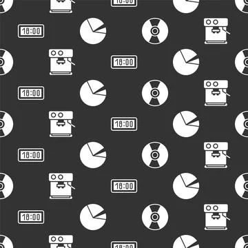 Set CD or DVD disk, Coffee machine, Digital alarm clock and Pie chart infog.. Illustrazione stock