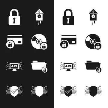 Set CD or DVD disk with lock, Credit card, Lock, Retro wall watch, Computer.. 스톡 일러스트