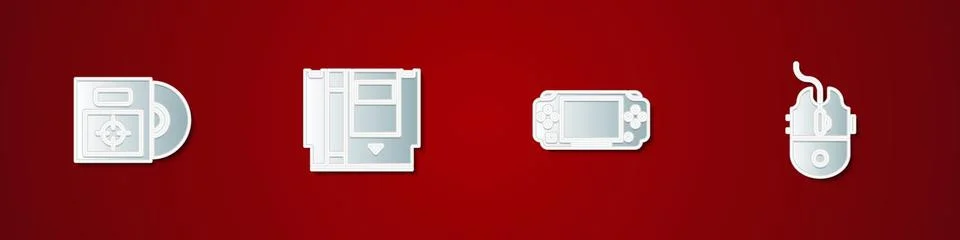 Set CD or DVD disk in box, Cartridge, Portable video game console and Compute Stock Illustration