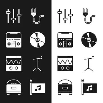 Set CD or DVD disk, Home stereo with speakers, Music equalizer, Electric pl.. Stock Illustration