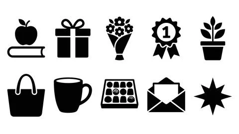 Set of celebration and gift black icons including apple on book, gift box, .. Stock Illustration