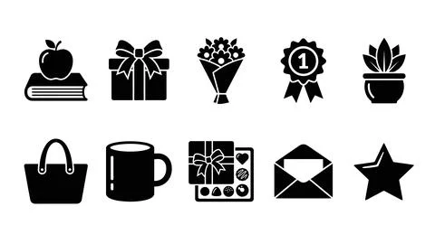 Set of celebration and gift black icons including apple on book, gift box, .. Stock Illustration