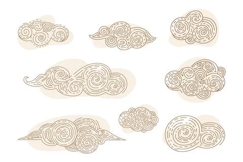 Set of celestial abstract line art clouds vector illustration Stock Illustration