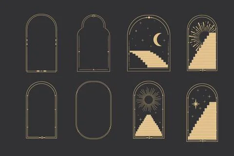 Set celestial arch window line frame, mystic with stairs, astrology symbols moon Ilustração Stock