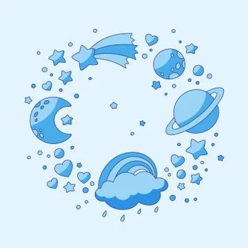 Set of celestial bodies: crescent, planets, stars, cloud, rainbo Stock Illustration