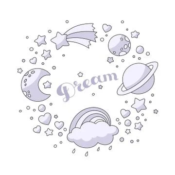 Set of celestial bodies: crescent, planets, stars, cloud, rainbo Stock Illustration