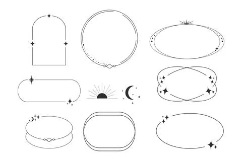 Set celestial frames, borders line art esoteric minimal decoration with sparkles Illustrazione stock