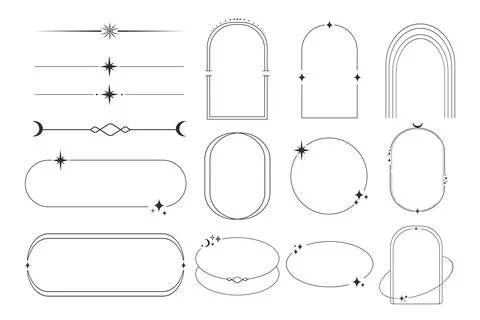 Set celestial frames, borders line art esoteric minimal decoration with sparkles Illustrazione stock