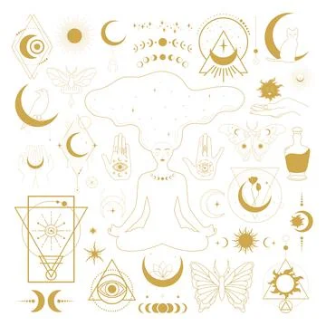 Set of celestial mystical and astrological symbols. Magical animals Illustrazione stock