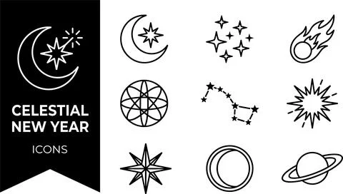 SET Celestial New Year Icons collection featuring crescent moon with star, .. 스톡 일러스트