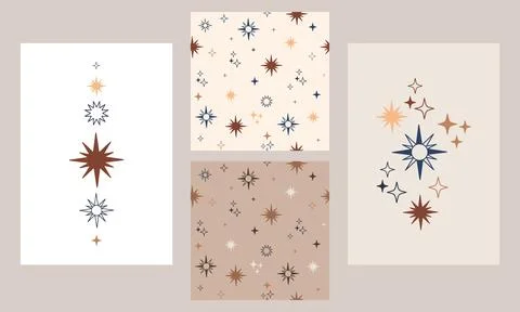Set of celestial posters and seamless patterns moon and sun vector Ilustração Stock