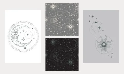 Set of celestial posters and seamless patterns gray vector illustration Stock Illustration