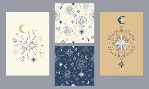 Set of celestial posters and seamless patterns moon and sun vector Stock Illustration