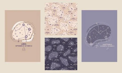 Set of celestial posters and seamless patterns vector illustration Stock Illustration