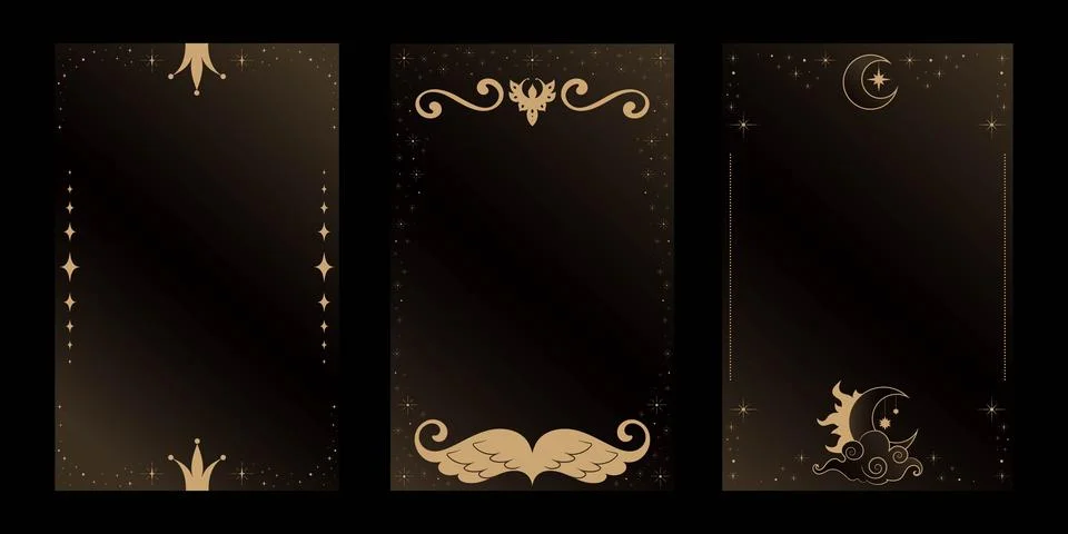 Set of celestial tarot frame templates decorated with stars, crescents Stock Illustration