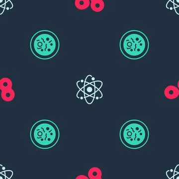 Set Cell division, Atom and Petri dish with bacteria on seamless pattern. Vector イラスト素材