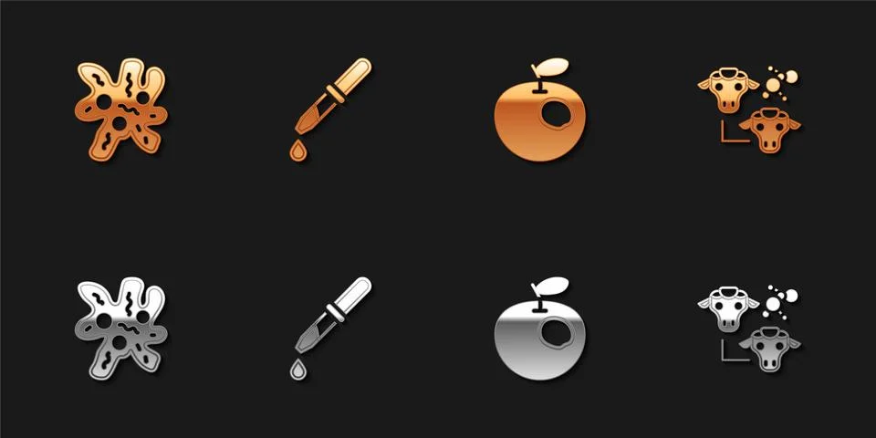Set Cell, Pipette, Genetically modified apple and Cloning icon. Vector Stock Illustration