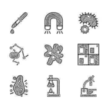 Set Cell, Test tube flask on fire, Microscope, Periodic table, Bacteria Stock Illustration