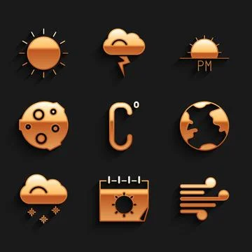 Set Celsius, Calendar and sun, Wind, Earth globe, Cloud with snow, Moon, Sunset Ilustração Stock