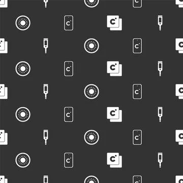 Set Celsius, Digital thermometer, Sun and on seamless pattern. Vector Stock Illustration